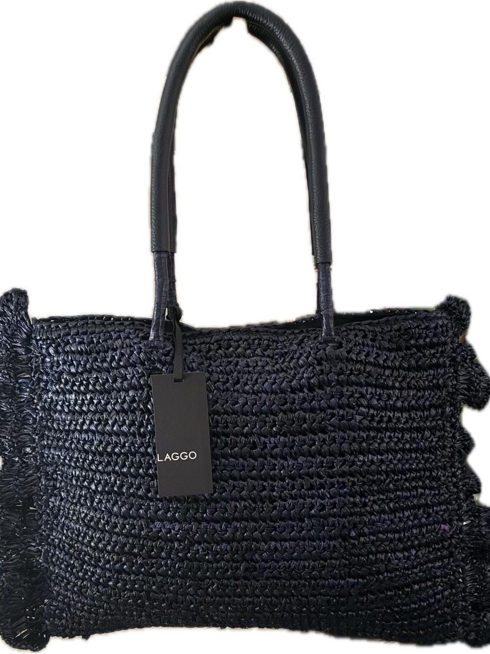 Laggo Dark Navy Raffia Ruffled Tote Bag NWT